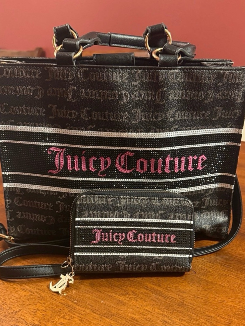Juicy Couture Black Tote with Pink Logo & Silver Accents